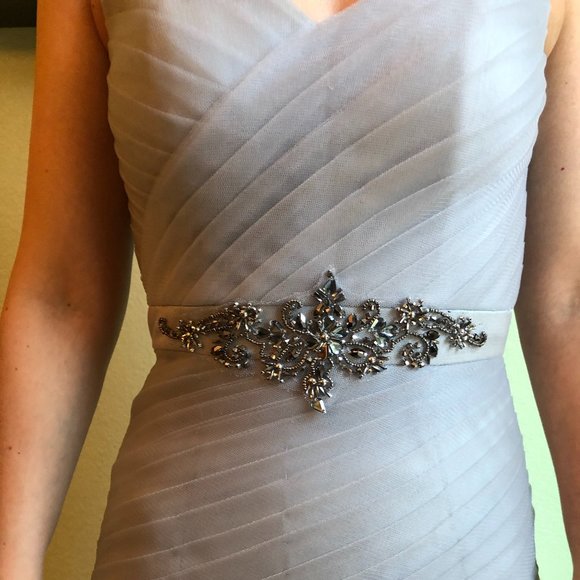 TERANI COUTURE PLEATED SILVER MERMAID GOWN - Picture 2 of 3